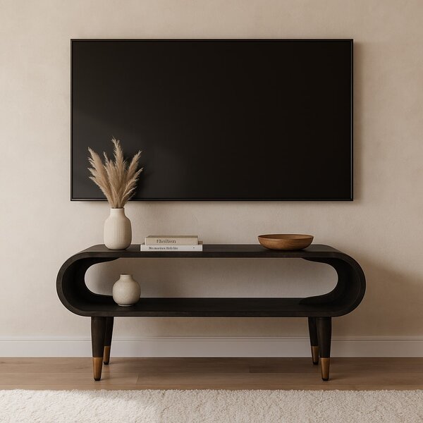 TV stolek se zaoblenými liniemi a mosaznými prvky, 90 × 35 × 42 cm