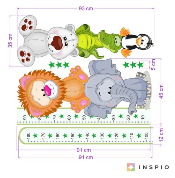 INSPIO-textilní přelepitelná samolepka - Samolepky do dětského pokoje - Zelený metr s barevnými zvířátky (180 cm)