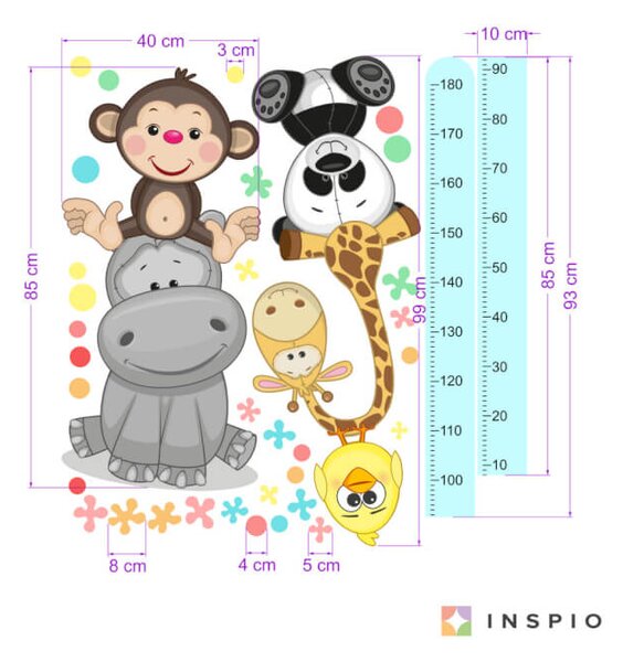 INSPIO-textilní přelepitelná samolepka - Dětské samolepky na zeď - Modrý dětský metr s veselými zvířatky (180 cm)