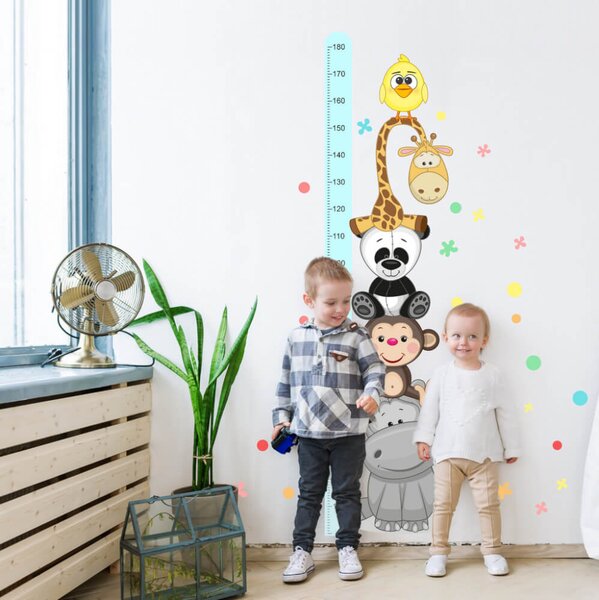 INSPIO-textilní přelepitelná samolepka - Dětské samolepky na zeď - Modrý dětský metr s veselými zvířatky (180 cm)
