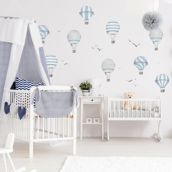 INSPIO-textilní přelepitelná samolepka - Dětské samolepky na zeď - Modro-šedé horkovzdušné balóny
