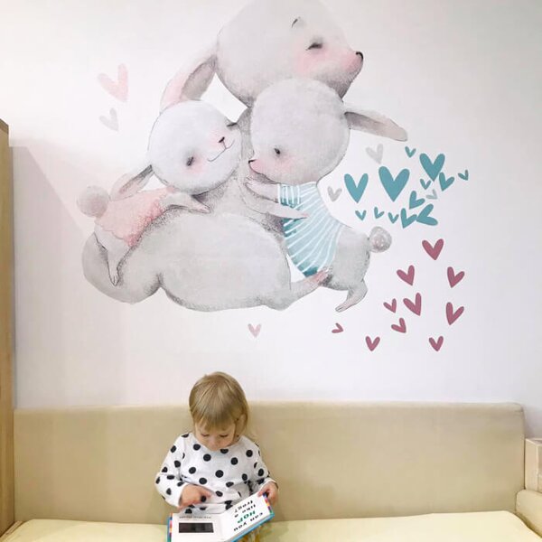INSPIO-textilní přelepitelná samolepka - Dětské samolepky na zeď - Rodinka zajíčků se srdíčky