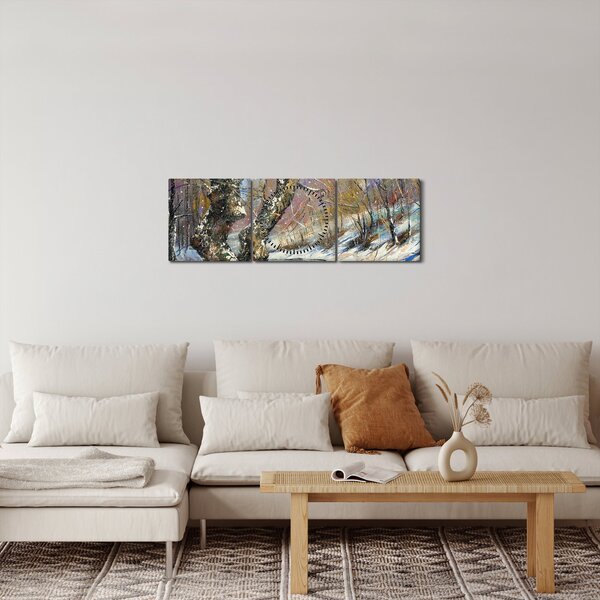 Obraz malované zimní krajiny (s hodinami) (90x30 cm)