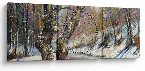 Obraz malované zimní krajiny (s hodinami) (90x30 cm)