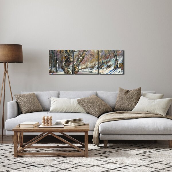 Obraz malované zimní krajiny (s hodinami) (90x30 cm)