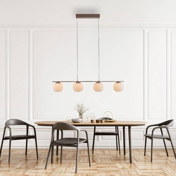 JUST LIGHT. GmbH LED závěsné světlo Nami, 4 žárovky, dlouhé, písková, bílá, sklo, železo, stmívatelný, Hnědá / rez, Obývací pokoj / jídelna, kov, Koule