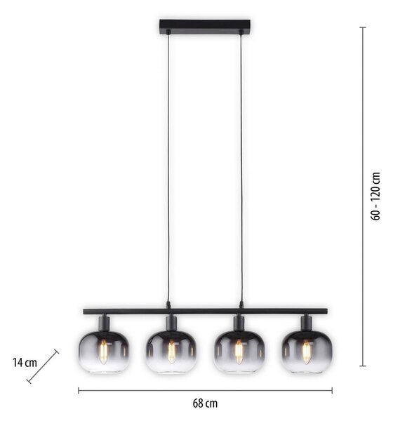 JUST LIGHT. GmbH Závěsné světlo Zea, 4 žárovky, kouřově šedé/černé, sklo, E14, Černá, Obývací pokoj / jídelna, kov, Moderní