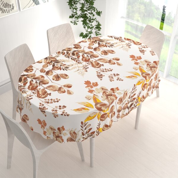 Biante Bavlněný oválný ubrus Sandra SA-530 Hnědý eukalyptus na bílém 50x100 cm