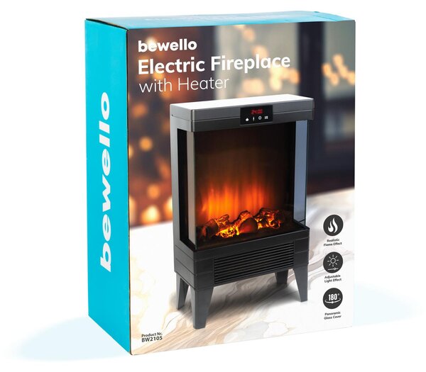 Bewello - Elektrický krb - S ohřevem - Atmosférický krb - Elektrická kamna - Volně stojící - Černá - 180° - 2000W - BW2105