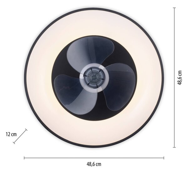 JUST LIGHT. GmbH LED stropní ventilátor Venika, černý s dálkovým ovládáním, Ø 48,6 cm, stmívatelný, Černá, Obývací pokoj / jídelna, kov, Moderní