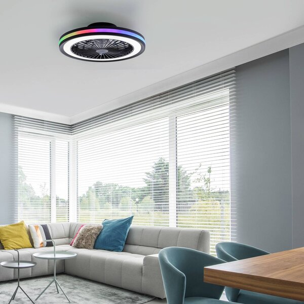 JUST LIGHT. GmbH LED stropní ventilátor Brandon, černý, RGBW, Ø 46,5 cm, stmívatelný, Černá, Obývací pokoj / jídelna, Plast, Moderní