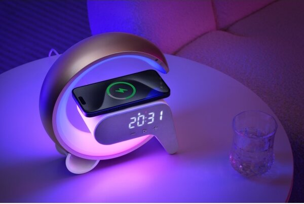 Immax 08987L-LEDRGB Stmívatelná lampa s budíkem a Qi nabíjením 30W/230V stříbrná