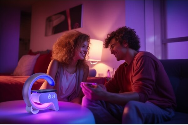 Immax 08987L-LEDRGB Stmívatelná lampa s budíkem a Qi nabíjením 30W/230V stříbrná