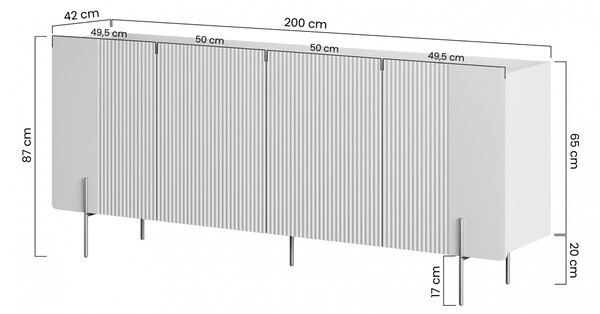 Komoda Malmi 200 cm čtyřdveřová - černý mat / černé nohy