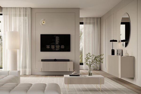 Závěsný TV stolek Malmi 150 cm - kašmírový / crema bianca / zlatý