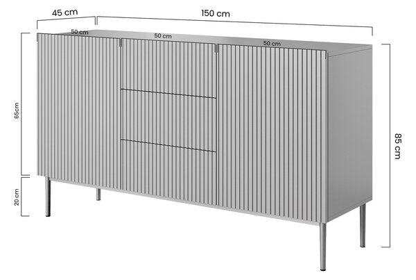 Moderní komoda Nicole 150 cm s šuplíky a ryhovaným čelem - kašmír / zlaté nožky