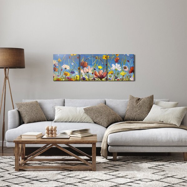 Malovaný obraz rozkvetlé louky (s hodinami) (90x30 cm)