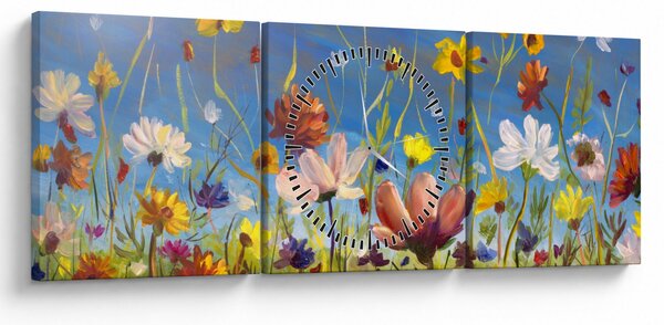 Malovaný obraz rozkvetlé louky (s hodinami) (90x30 cm)