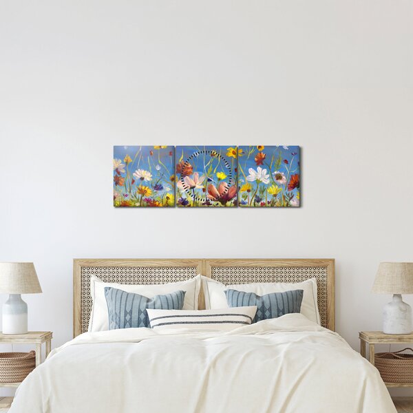 Malovaný obraz rozkvetlé louky (s hodinami) (90x30 cm)