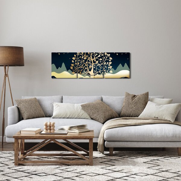 Obraz zlatého stromu (s hodinami) (90x30 cm)