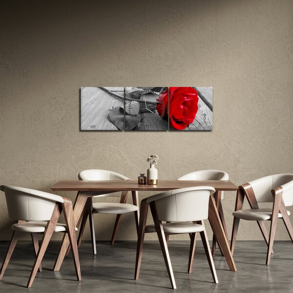 Obraz rudé růže (s hodinami) (90x30 cm)