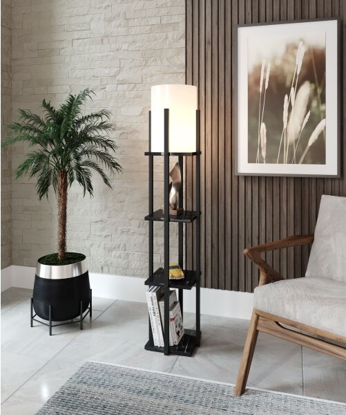 Stojací lampa s poličkami NORA 1xE27/40W/230V černá