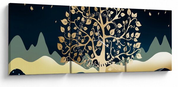 Obraz zlatého stromu (s hodinami) (90x30 cm)
