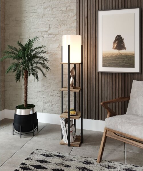Stojací lampa s poličkami NORA 1xE27/40W/230V černá/hnědá