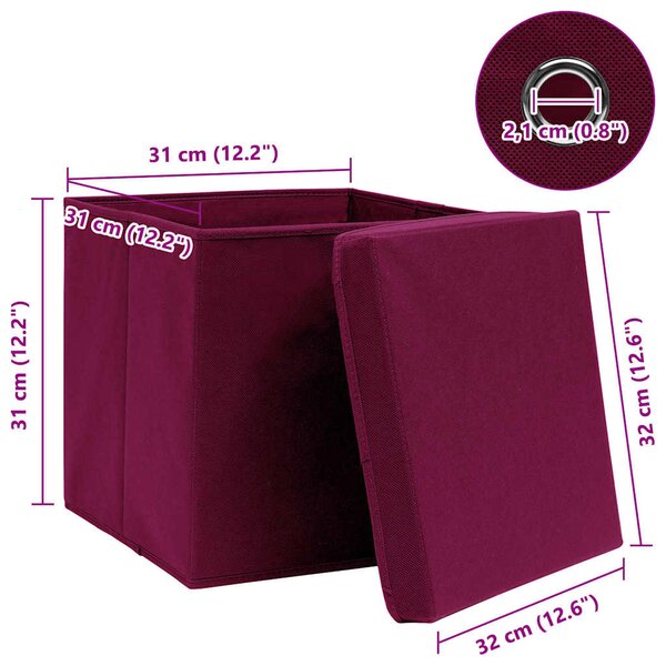 Úložné boxy s víky 10 ks tmavě červené 32 x 32 x 32 cm textil 288344