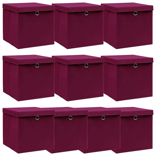 Úložné boxy s víky 10 ks tmavě červené 32 x 32 x 32 cm textil 288344