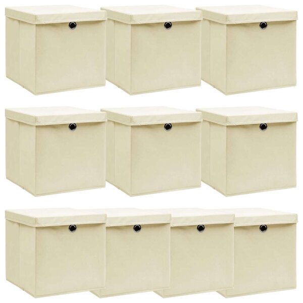 Úložné boxy s víky 10 ks krémové 32 x 32 x 32 cm textil 288360