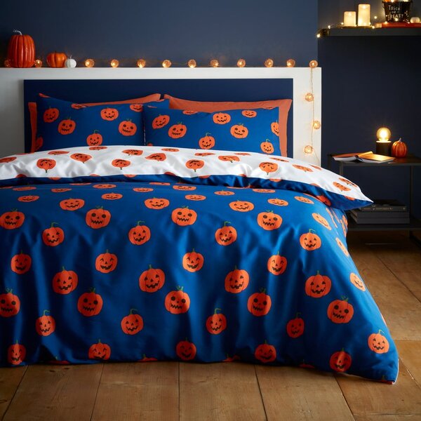 Modré/oranžové povlečení na dvoulůžko 200x200 cm Halloween Pumpkins – Catherine Lansfield