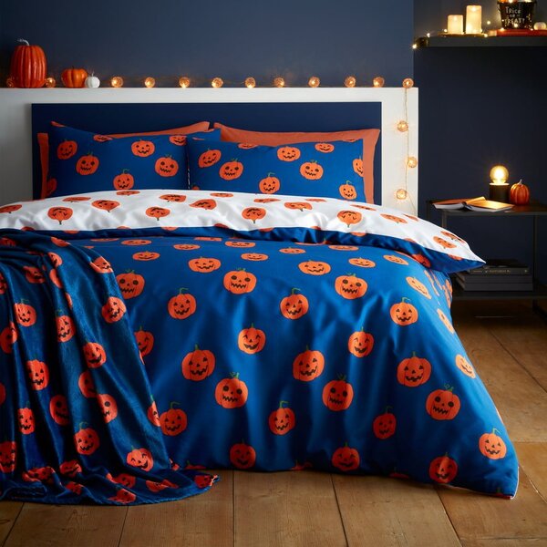 Modré/oranžové povlečení na dvoulůžko 200x200 cm Halloween Pumpkins – Catherine Lansfield