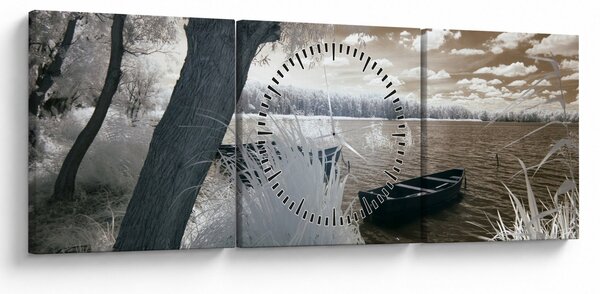 Obraz loďky na jezeře (s hodinami) (90x30 cm)