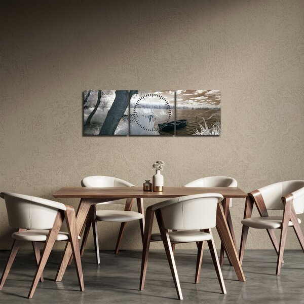 Obraz loďky na jezeře (s hodinami) (90x30 cm)