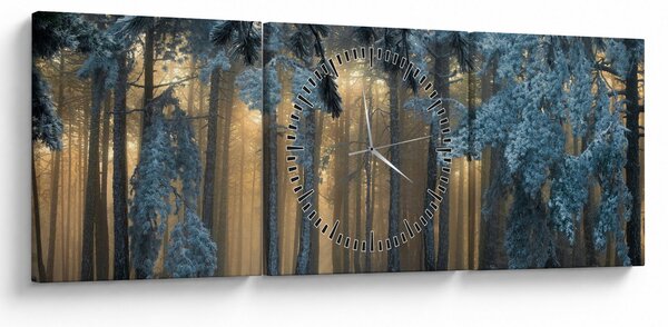 Obraz zasněženého lesa (s hodinami) (90x30 cm)