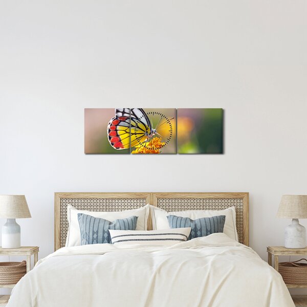 Obraz motýla na květu (s hodinami) (90x30 cm)