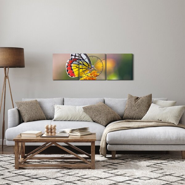 Obraz motýla na květu (s hodinami) (90x30 cm)
