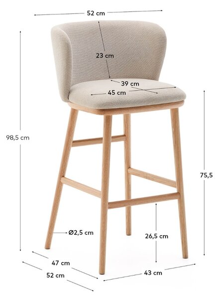 Kave Home Béžová barová židle Ciselia 75 cm s dřevěnou podnoží