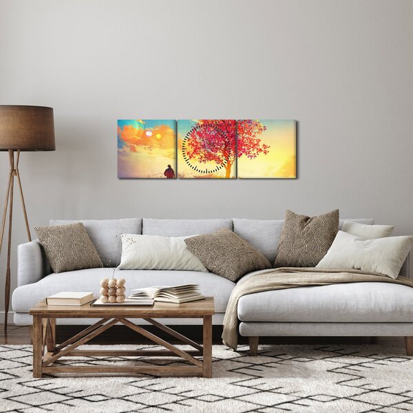 Obraz stromu na kopci (s hodinami) (90x30 cm)