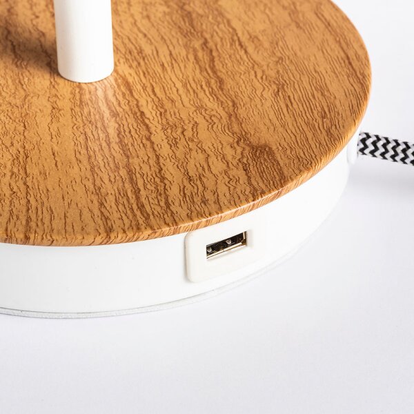 Stolní lampa KEITH/ALVIS 24 s USB, bílá/buk, patice E27, 11 W