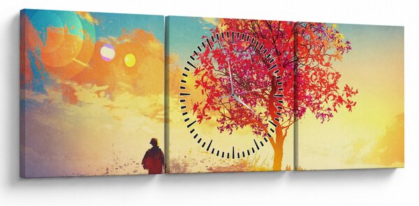 Obraz stromu na kopci (s hodinami) (90x30 cm)