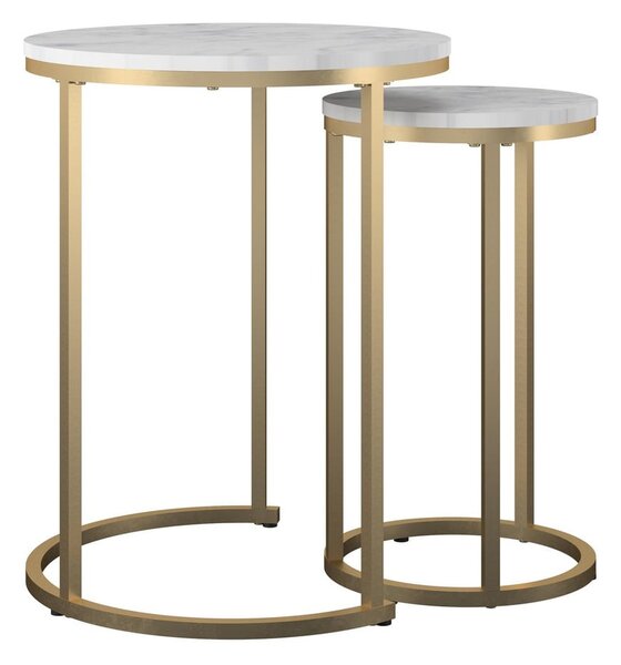 Bílé/ve zlaté barvě kulaté konferenční stolky v sadě 2 ks s deskou v dekoru mramoru ø 45 cm Amelia – CosmoLiving by Cosmopolitan