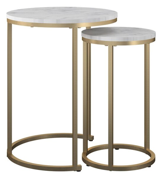 Bílé/ve zlaté barvě kulaté konferenční stolky v sadě 2 ks s deskou v dekoru mramoru ø 45 cm Amelia – CosmoLiving by Cosmopolitan