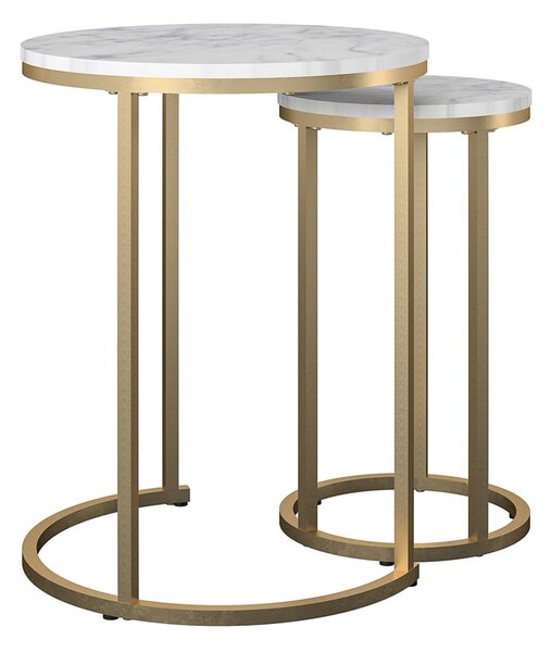 Bílé/ve zlaté barvě kulaté konferenční stolky v sadě 2 ks s deskou v dekoru mramoru ø 45 cm Amelia – CosmoLiving by Cosmopolitan