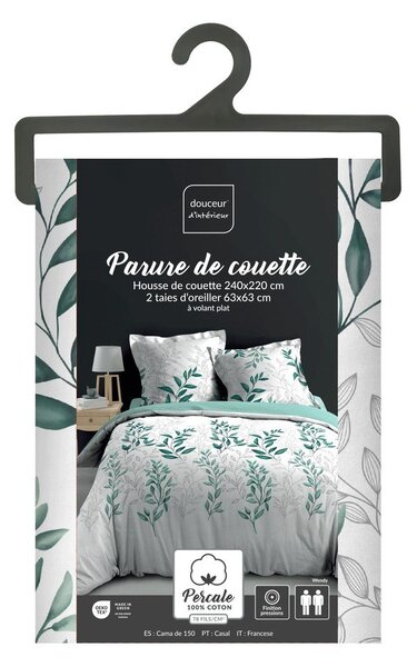 Bílé/zelené povlečení na dvoulůžko/prodloužené z bavlněného perkálu 240x220 cm Wendy – douceur d'intérieur