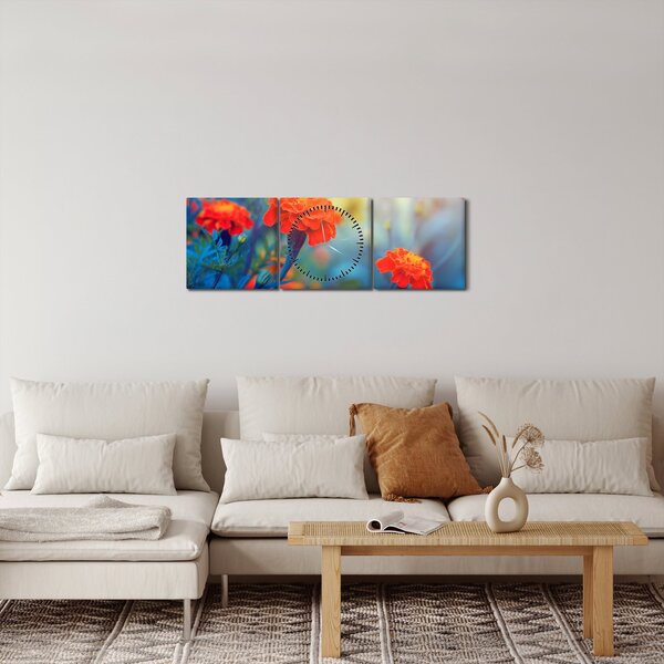 Obraz - Oranžové květy (s hodinami) (90x30 cm)