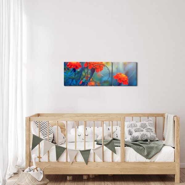 Obraz - Oranžové květy (s hodinami) (90x30 cm)