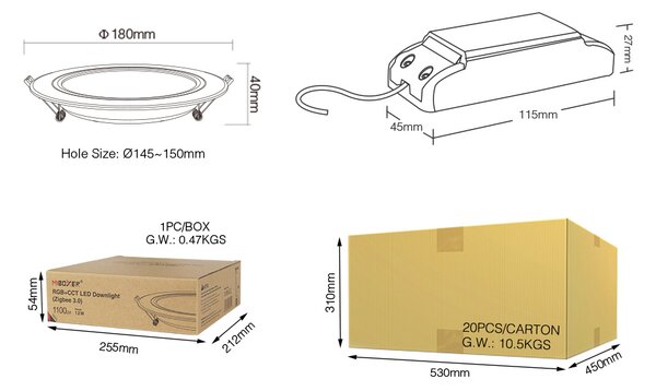 Miboxer LED zápustné svítidlo RGB+CCT Mi-light, 12W, Zigbee 3.0, FUT066Z