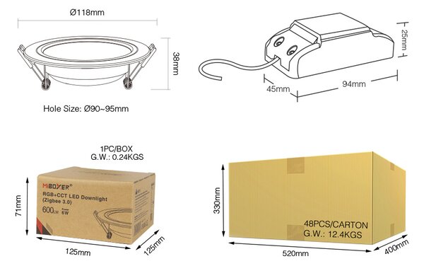 Miboxer LED zápustné svítidlo RGB+CCT Mi-light, 6W, Zigbee 3.0, FUT068Z